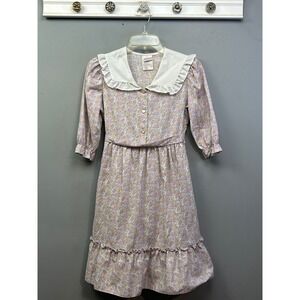 Carrousel Dress Girls 12 Purple Floral Vintage Ruffle Collar ILGWU Made in USA